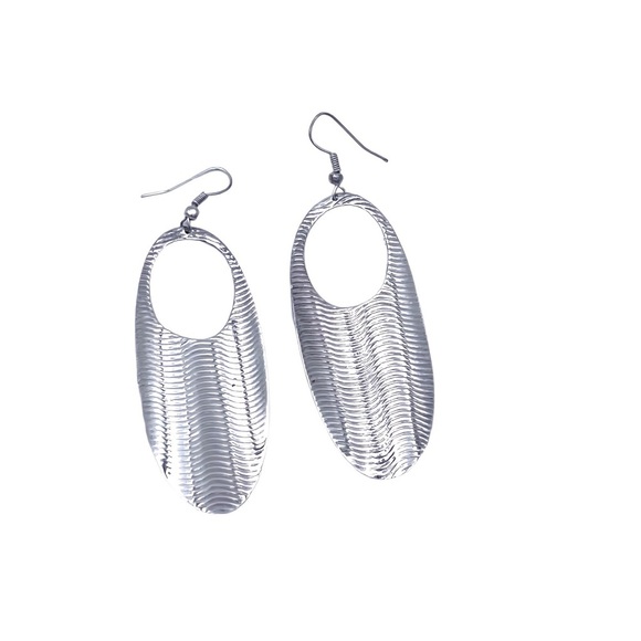 Sterling Silver Wave Pattern Oval Dangle Earrings – French Hook – 2" Length - Picture 3 of 8